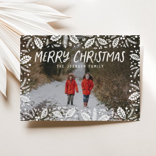 Whimsy White Holly Border Photo Christmas Holiday Card