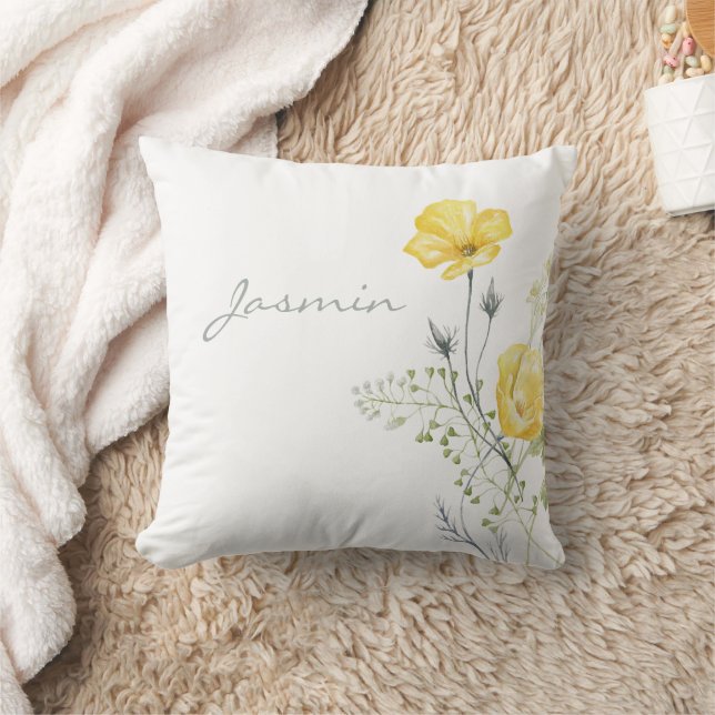 Whimsy Wildflowers Mustard Yellow Name Throw Pillow (Blanket)