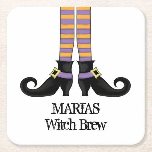 Whimsy Witch Shoes with Purple  Orange Stripe Square Paper Coaster