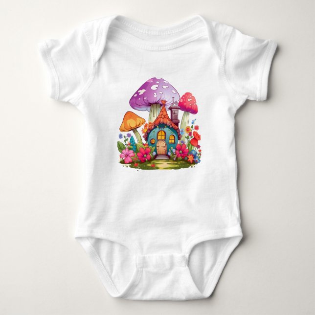 Whimsy Wonderland Mushroom House Baby Bodysuit (Front)