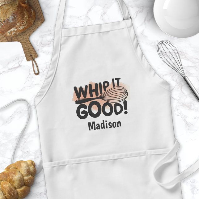 Whip It Good Pink Watercolor Funny Personalized Adult Apron (Creator Uploaded)
