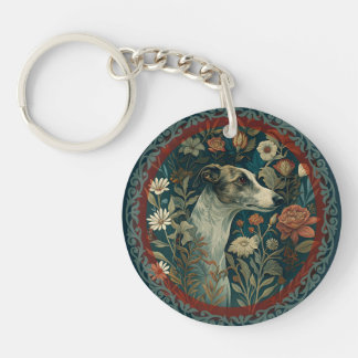 Whippet Brindle and White William Morris Floral Keychain
