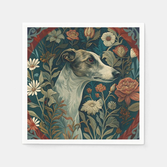 Whippet Brindle and White William Morris Style Napkins (Front)
