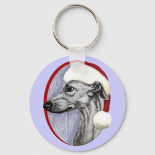 Whippet Christmas Black Santa Keychain