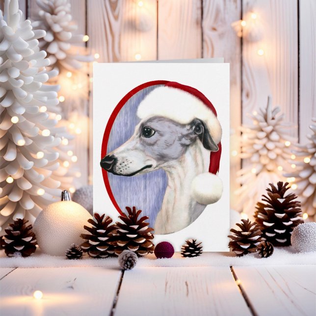 Whippet Christmas Blue & White Santa Holiday Card (Blue and White Whippet Santa Hat Christmas)
