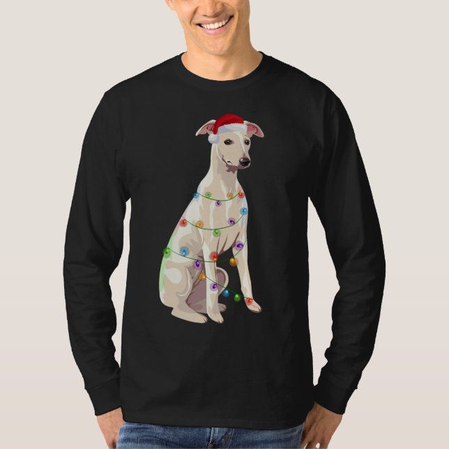 Whippet Christmas Lights Xmas Dog Lover Santa Hat T-Shirt (Front)