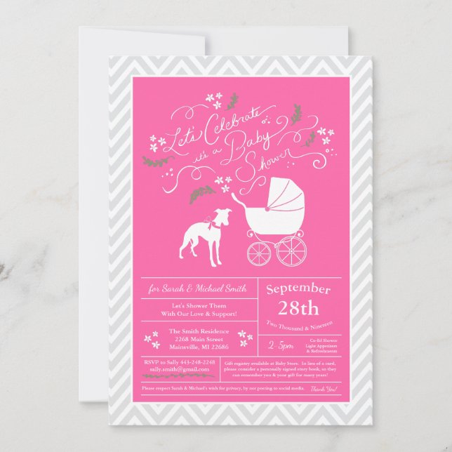 Whippet Dog Baby Shower Girl Pink Invitation (Front)