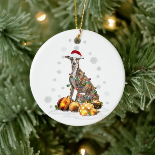 Whippet Dog Christmas Lights  Santa Reindeer Gift Ceramic Ornament