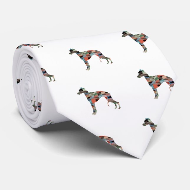 Whippet Dog Geometric Pattern Silhouette Plaid Neck Tie (Rolled)