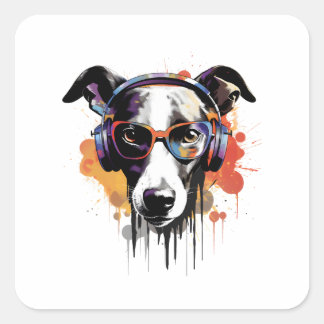 Whippet Dog Listening to Music Greyhound Square Sticker