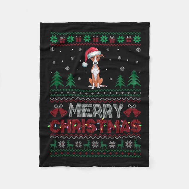 Whippet Dog Lovers Santa Hat Christmas Tree Lights Fleece Blanket (Front)
