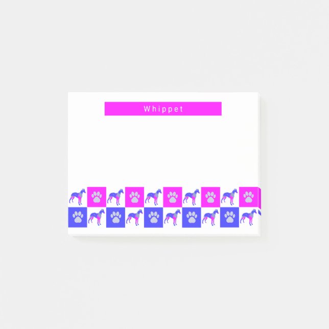Whippet Dog & Paw Hot Pink & Blue Silhouette Post-it Notes (Front)