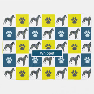 Whippet Dog & Paw Y&B Grid Baby Blanket