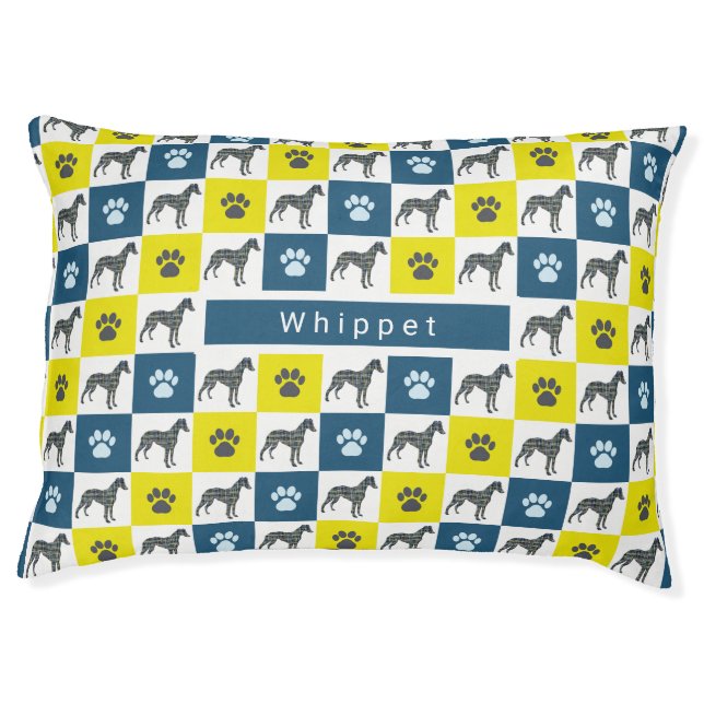 Whippet Dog & Paw Yellow & Blue Grid Pet Bed (Front)