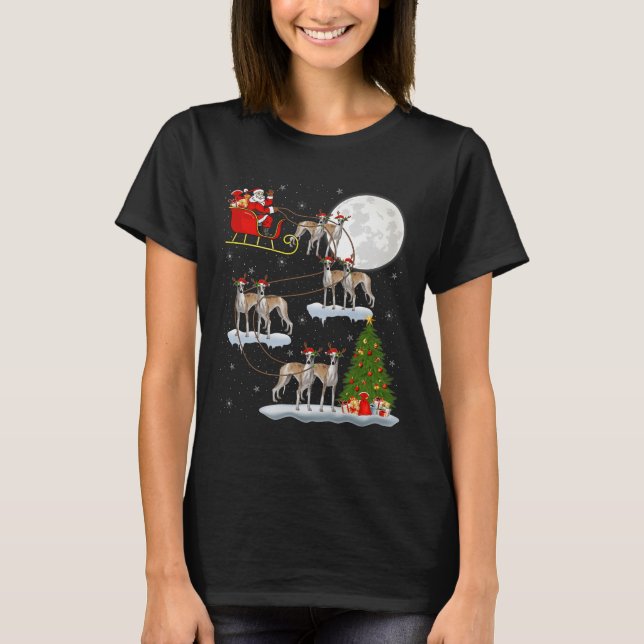 Whippet Dog Santa Sleigh Flying Funny Magical Chri T-Shirt (Front)