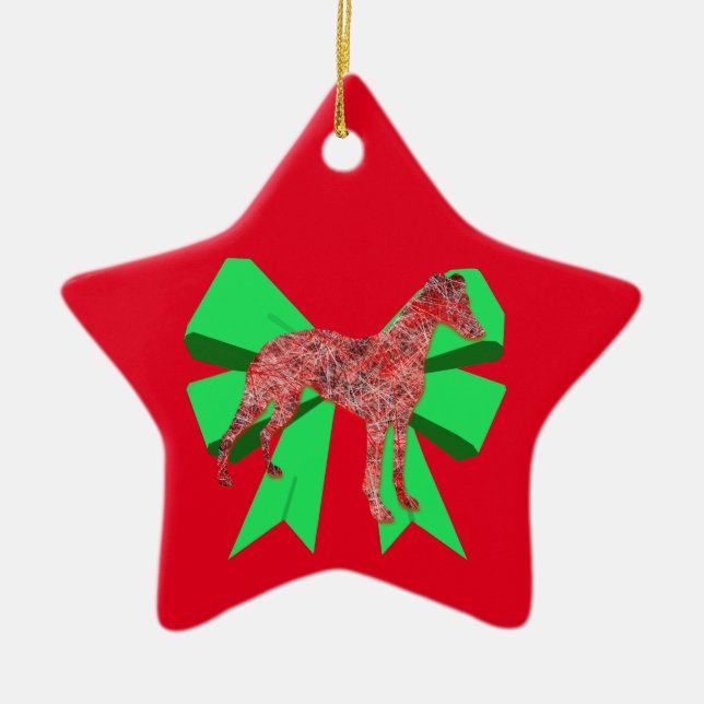 Whippet Dog Silhouette Green Bow Christmas Ceramic Ornament (Front)