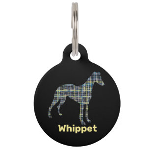 Whippet Dog Silhouette Yellow & Black Grid Pet ID Tag