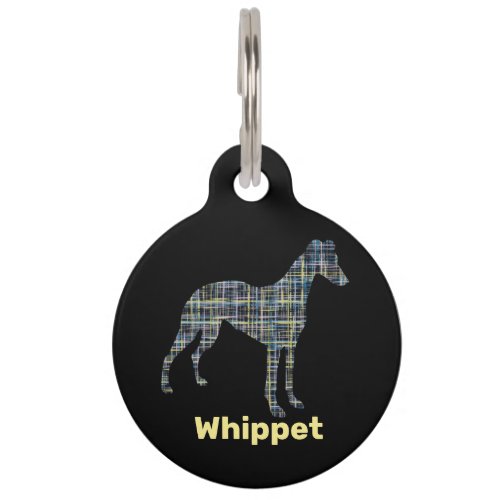 Whippet Dog Silhouette Yellow  Black Grid Pet ID Tag