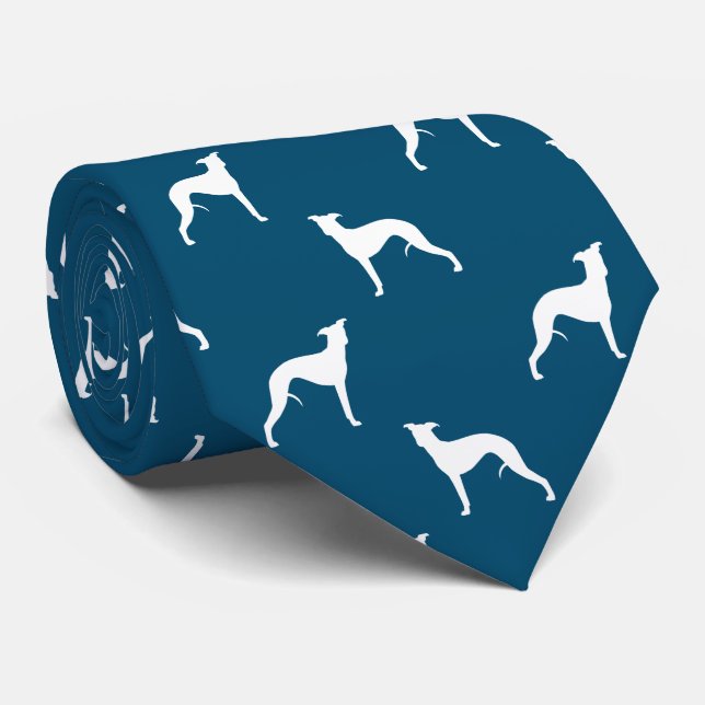 Whippet Dog Silhouettes Pattern Blue and White Neck Tie (Rolled)