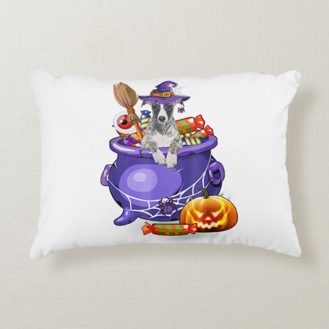 Whippet Dog with witch hat Candy Pumpkin Halloween Accent Pillow (Front)