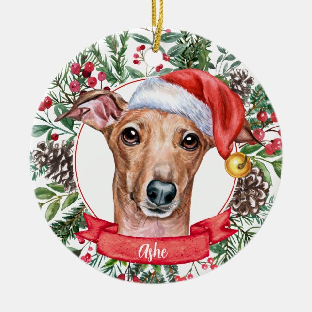Whippet Greyhound Dog Custom Santa Hat Ornament (Front)