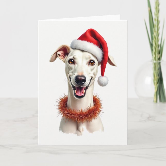 Whippet in a Santa hat Christmas card (Front)