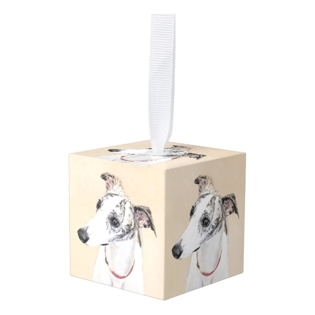Whippet Painting - Cute Original Dog Art Cube Ornament (Front Angled)