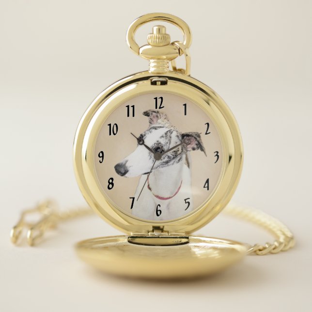 Whippet Painting - Cute Original Dog Art Pocket Watch (Inside)
