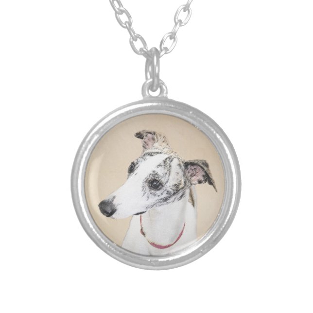 Whippet Painting - Cute Original Dog Art Silver Plated Necklace (Front)