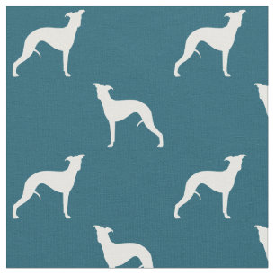 Whippet Silhouettes Pattern Teal Blue and White Fabric