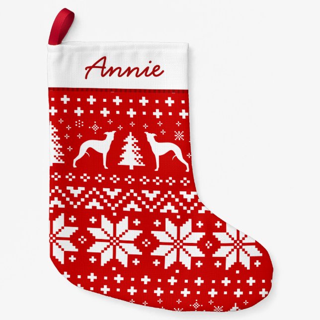 Whippet Silhouettes Red and White Pattern Small Christmas Stocking (Front)