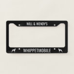 Whippet Silhouettes Whippetmobile Custom License Plate Frame<br><div class="desc">WHIPPETMOBILE License Plate Frame,  a fun auto accessory for the vehicle shared by you and your Whippet. This cute license plate cover can be personalized with your own text. Visit Jenn's Doodle World for more cool custom auto accessories for lovers of all dog breeds.</div>