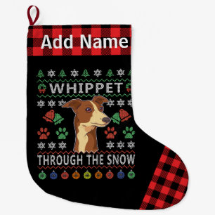 Whippet Through The Snow Ugly Christmas Red Plaid Large Christmas Stocking