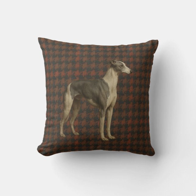 Whippet throw cushion. Whippet on tweed/tartan Throw Pillow (Front)