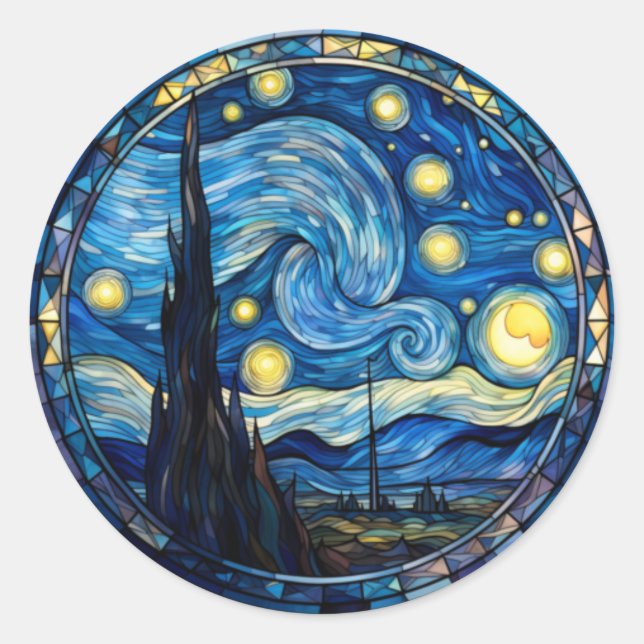 Whirling Starry Night-Inspired Art Print Classic Round Sticker (Front)