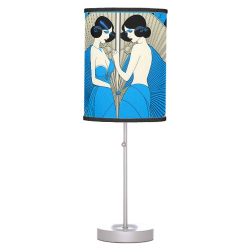 Whirlwind Elegance 1920s Ladies in Blue Fan Spinn Table Lamp