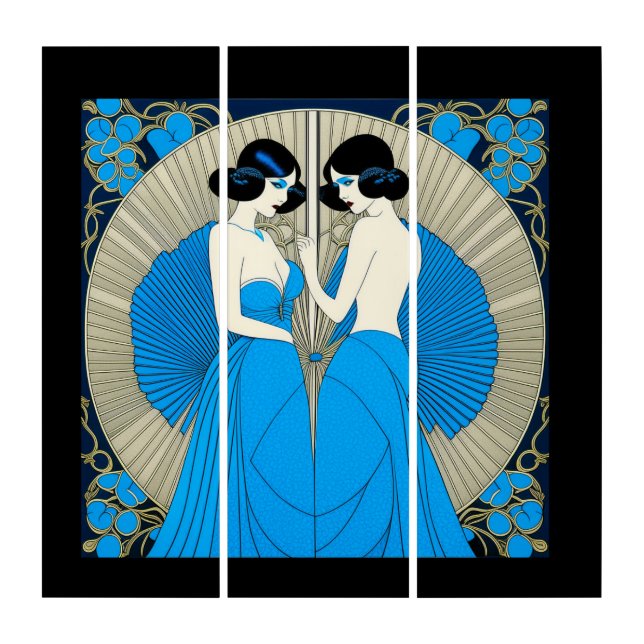 Whirlwind Elegance: 1920s Ladies in Blue Fan Spinn Triptych (Front)