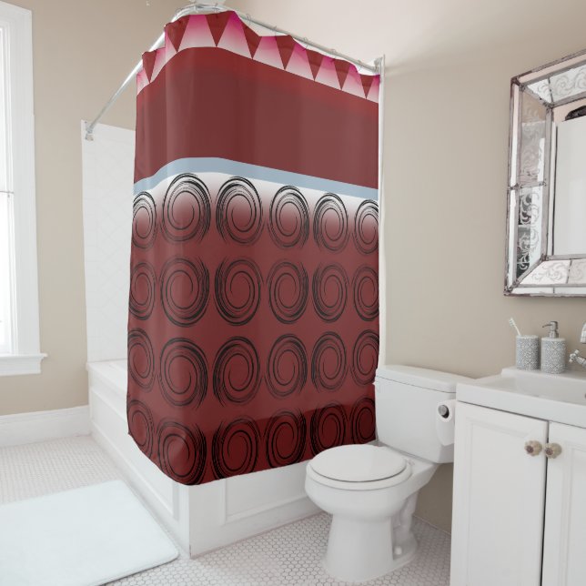 Whirlwind Ruby: Modern Geometric Shower Curtain (In Situ)