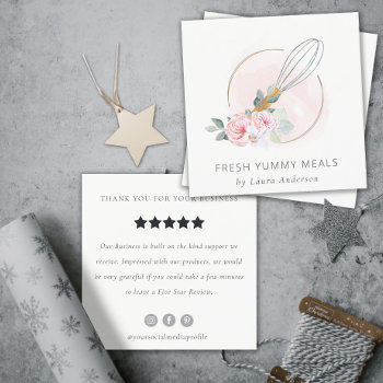 Whisk Blush Watercolor Floral Chef Review Request Square Business Card by DearBrand at Zazzle