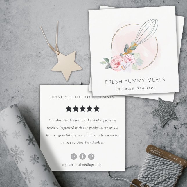 Whisk Blush Watercolor Floral Chef Review Request Square Business Card (Creator Uploaded)