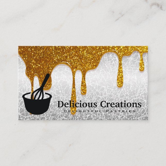 Whisk Icon | Gold Glitter Drips Business Card (Front)