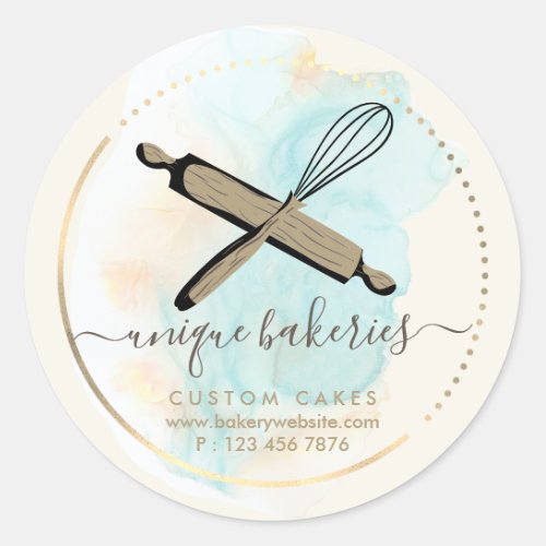 Whisk Rolling Pin Bakery Stylish Pastries Classic Round Sticker