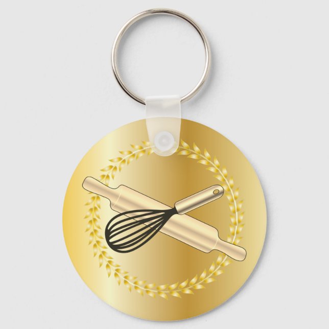 Whisk & Rolling Pin Baking Lover's Gold Laurel Keychain (Front)