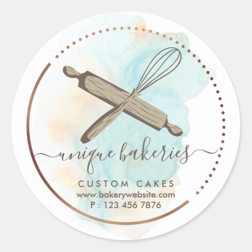 Whisk Rolling Pin Girly Bakery Branding cute Ombre Classic Round Sticker