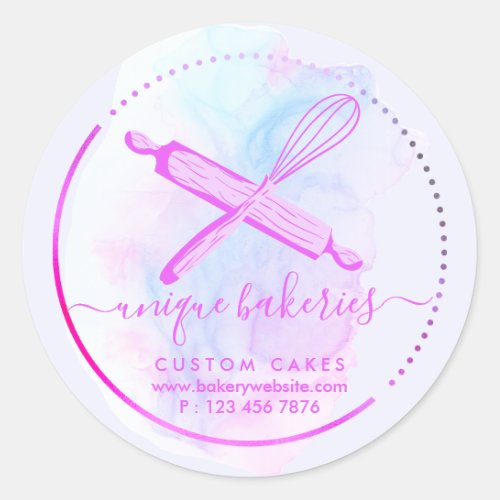 Whisk Rolling Pin Girly Bakery Watercolor Ombre Classic Round Sticker