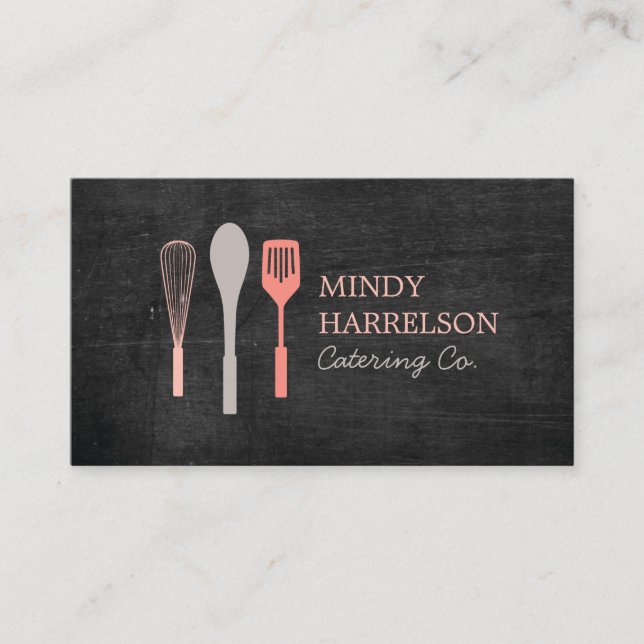 WHISK SPOON SPATULA on Black Wood Bakery, Catering Business Card (Front)