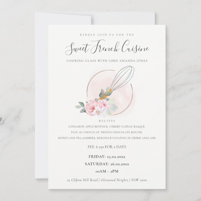 Whisk Wooden Floral Bakery Cooking Class Invite (Front)
