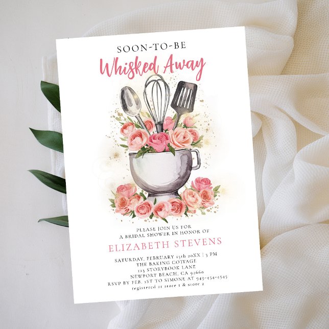 Whisked Away Baking Mixer Bowl Roses Bridal Shower Invitation (whisked away kitchen baking cooking bridal shower invitation tools bouquet roses watercolor pink)