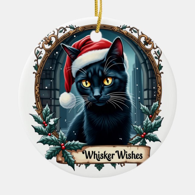 Whisker Wishes - Black Cat Christmas Art Ornament  (Front)