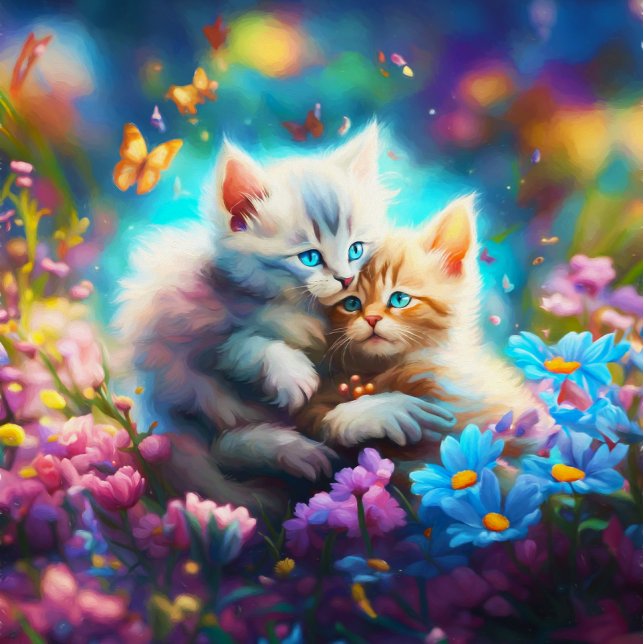 Whiskered Embrace: Kittens With Butterflies  Jigsaw Puzzle (A charming kittens with flowers and butterflies jigsaw puzzle.)